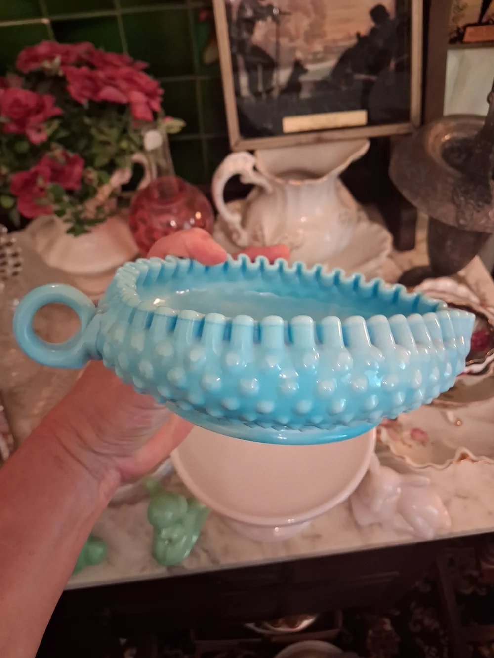 Fenton Blue and White Hobnail Glass Bowl with Handle